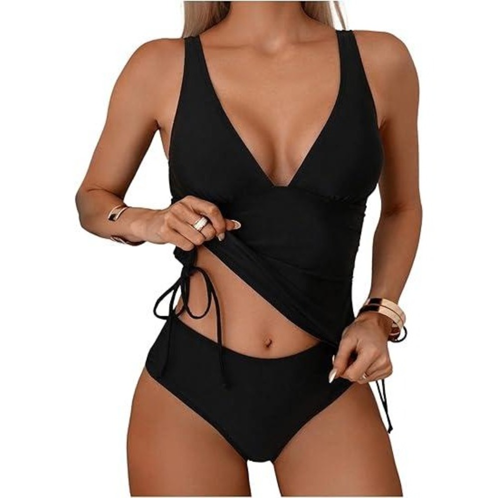 SweatyRocks‎ Women's XL Black 2 Piece Bathing Suit Tankinis Deep V Neck Drawstri